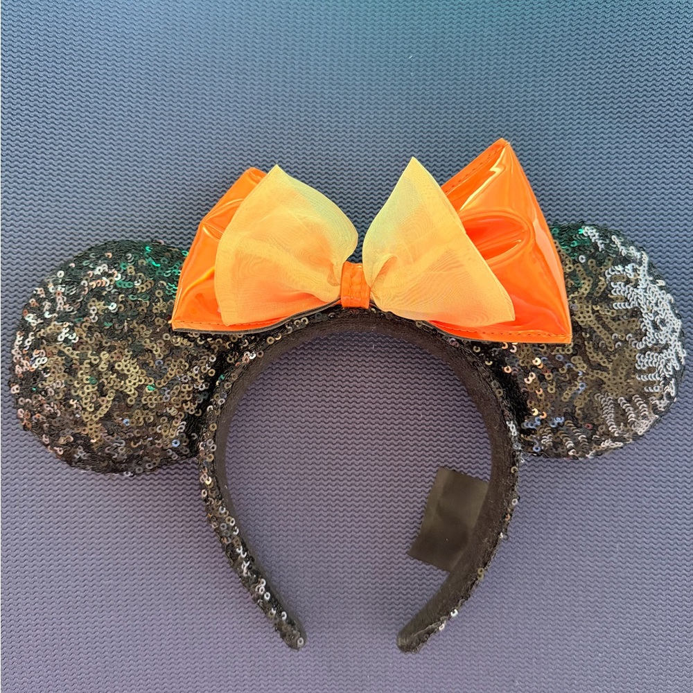 Sequin Minnie Mouse Ears Headband with Orange Bow - Disneyland Halloween 2023